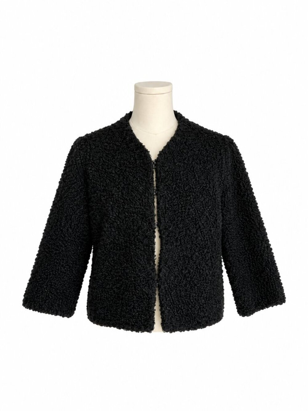 Vintage 50s Jacket Bouclé Black Persian Lambs Wool Crop Bolero Poodle Medium